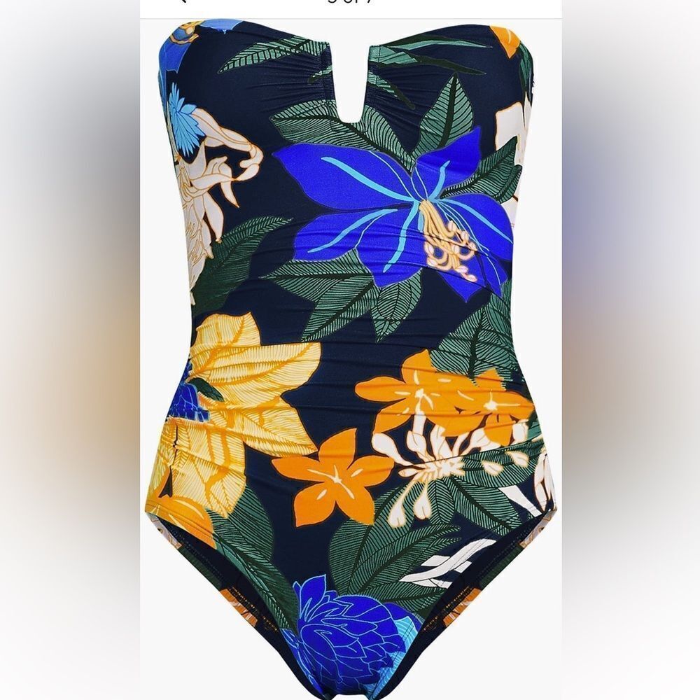 Land's End Bandeau sculpting slender suit optional straps floral Blooms size 8